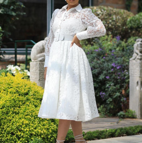 Solid lace See-Through Bishop Sleeve Belted A Line Midi Dress