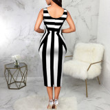 Black and White Stripes Print Sleeveless Midi Dress