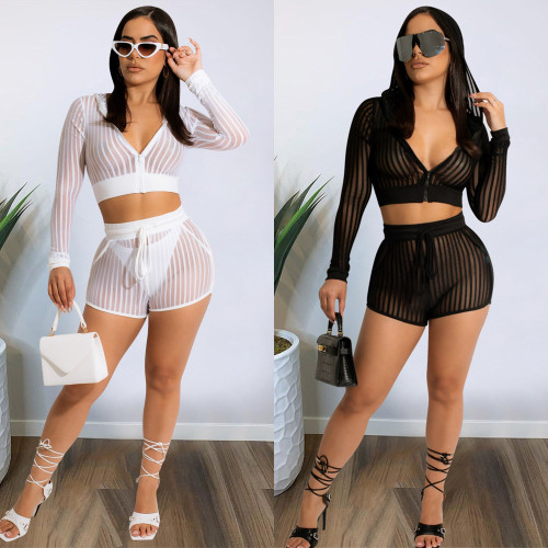 See Through Striped Mesh Hooded Zipper Two Piece Shorts Set
