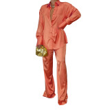 Solid Color Satin Loose Casual Shirt and Pants Set