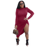 Women Long Sleeve Twisted Slit Irregular Solid Sexy Dress