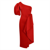 Solid One Shoulder Puff Sleeve Slit Ruffle Formal Party Dress
