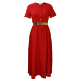 Solid Button Up Short Sleeve A-Line Midi Dress with Belt