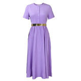 Solid Button Up Short Sleeve A-Line Midi Dress with Belt