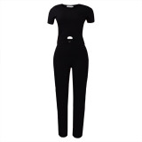 Solid Ribbed Short Sleeve O-Ring Top + Straight Leg Pants Two Piece Set