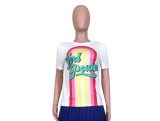 Summer Rainbow Stripe Print Short Sleeve T-Shirt Top