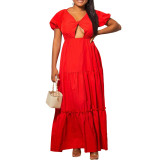 Solid Puff Sleeve V-Neck Backless Cut Out Lace-Up Maxi Dress