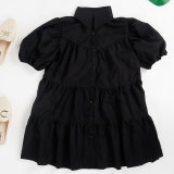 Solid Short Puff Sleeve Casual Button Loose Dress