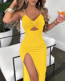 Trendy Chain Straps V-Neck Cut Out Slit Ruched Party Dress