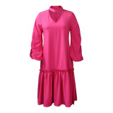 Solid Ruched Lantern Sleeve Ruffle Casual Dress