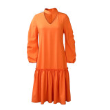 Solid Ruched Lantern Sleeve Ruffle Casual Dress