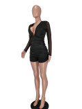 Sexy V-neck Ruched Rompers with Mesh Long Sleeve
