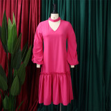 Solid Ruched Lantern Sleeve Ruffle Casual Dress