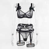 Erotic 3PCS Lingerie Set See-Through Bow Mesh Garter Bra + Pantie