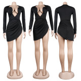 Sexy Solid V-Bar Full Sleeve Irregular Nightclub Dress