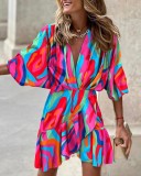 Fall Bat Sleeves Deep-V Print Irregular Dress