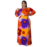 Plus Size Floral Print Bishop Sleeve Belted Maxi Dress