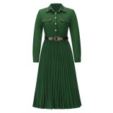 Womens Long Sleeve Button Midi Pleated Dress with Belt