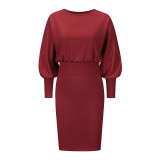 Solid Color Ribbed Bishop Sleeves Chic Dress