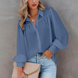 Solid Button Down Bishop Sleeve Ruched Loose Shirt