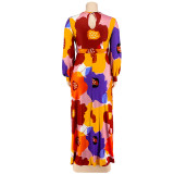 Plus Size Floral Print Bishop Sleeve Belted Maxi Dress