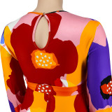 Plus Size Floral Print Bishop Sleeve Belted Maxi Dress