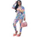 Print Multicolor Long Sleeve Shirt and Pants 2PCS Casual Set