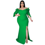 Plus Size Solid Sexy Ruffle Half Sleeve Meimaid Maxi Dress