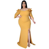 Plus Size Solid Sexy Ruffle Half Sleeve Meimaid Maxi Dress