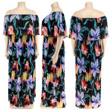 Plus Size Off  Shoulder Ruffles Floral Print Pleated Maxi Dress