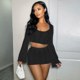 Solid Knitted Hollow Out Long Sleeve Crop Top and Skirt Two Piece Set