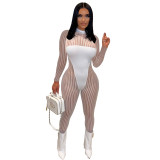 Sexy See-Through Mesh Stripes Patchwork Bodycon Jumpsuit