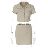 Solid Button Short Sleeve Shirt Crop Top High Waist Skirt 2PCS Set