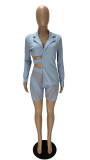 Solid Asymmetric Cutout Blazer and Mesh Patchwork Shorts Two Piece Set