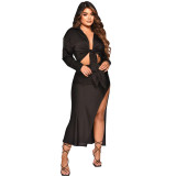 Tie Front Long Sleeve Crop Top Slit Skirt Ribbed Two Piece Set