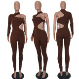 Brown Single Sleeve Cutout Sexy Lace-Up Bodycon Jumpsuit
