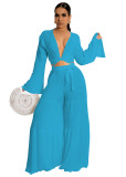 Solid Plunge Flare Sleeve Tie Top + Wide Leg Pants Two Pieces