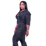Long Sleeve Stretch Print Chiffon Puff Sleeve Shirt + Pants Two Pieces