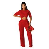 Solid Short Sleeve Top Wide Leg Pants Casual Two Piece Outfits