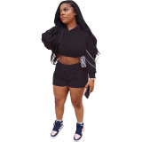 Solid Casual Cropped Hoodie Two Piece Shorts Set