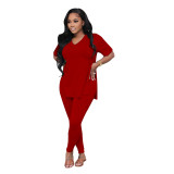 Womens Short Sleeve Side Slit Top + Tight Pants Two Piece Set