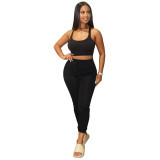 Solid Crop Tank Top + Pants Casual Two Piece Set