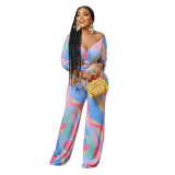 Printed Long Sleeve Wrap Tie Waist Top+ Straight Leg Pants Casual Two Pieces