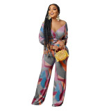 Printed Long Sleeve Wrap Tie Waist Top+ Straight Leg Pants Casual Two Pieces