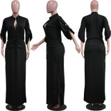 Solid Stand Collar Peplum Slit Maxi Casual Dress