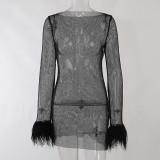 Faux Fur Cuff Glitter Mesh Dress Sexy Women's Dress
