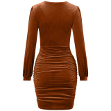 Sexy cut out V-Neck Velvet Long Sleeve Bodycon Dress