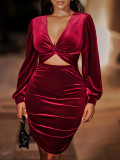 Sexy cut out V-Neck Velvet Long Sleeve Bodycon Dress