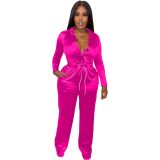 Solid Satin Two Piece Set Long Sleeve Shirt and Pants