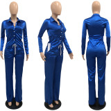 Solid Satin Two Piece Set Long Sleeve Shirt and Pants